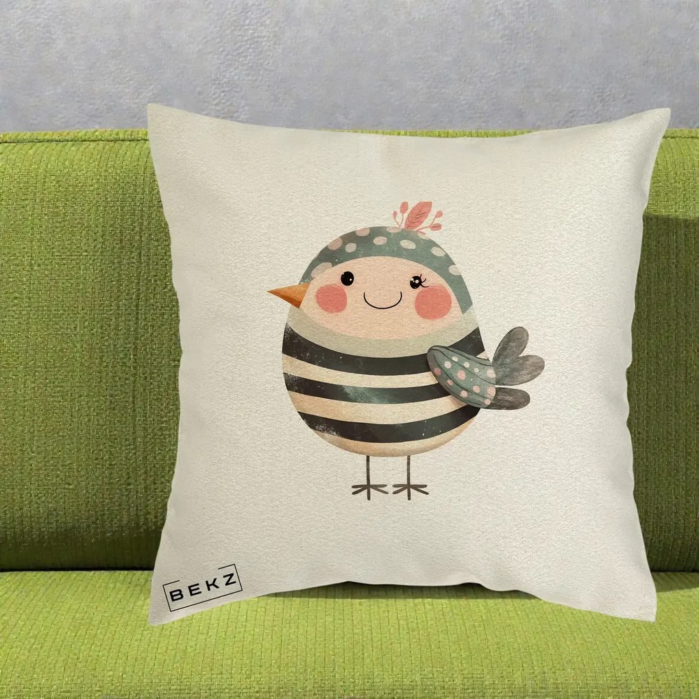 Perna Decorativa Pui Kawaii Teal cu Flori, 40x40 cm, Ecru, Husa Detasabila, Perna Inclusa, BEKZ®