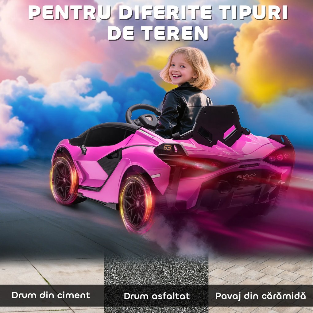 HOMCOM Masina Electrica pentru Copii 12V, Roz Lamborghini 12V cu telecomanda | Aosom Romania