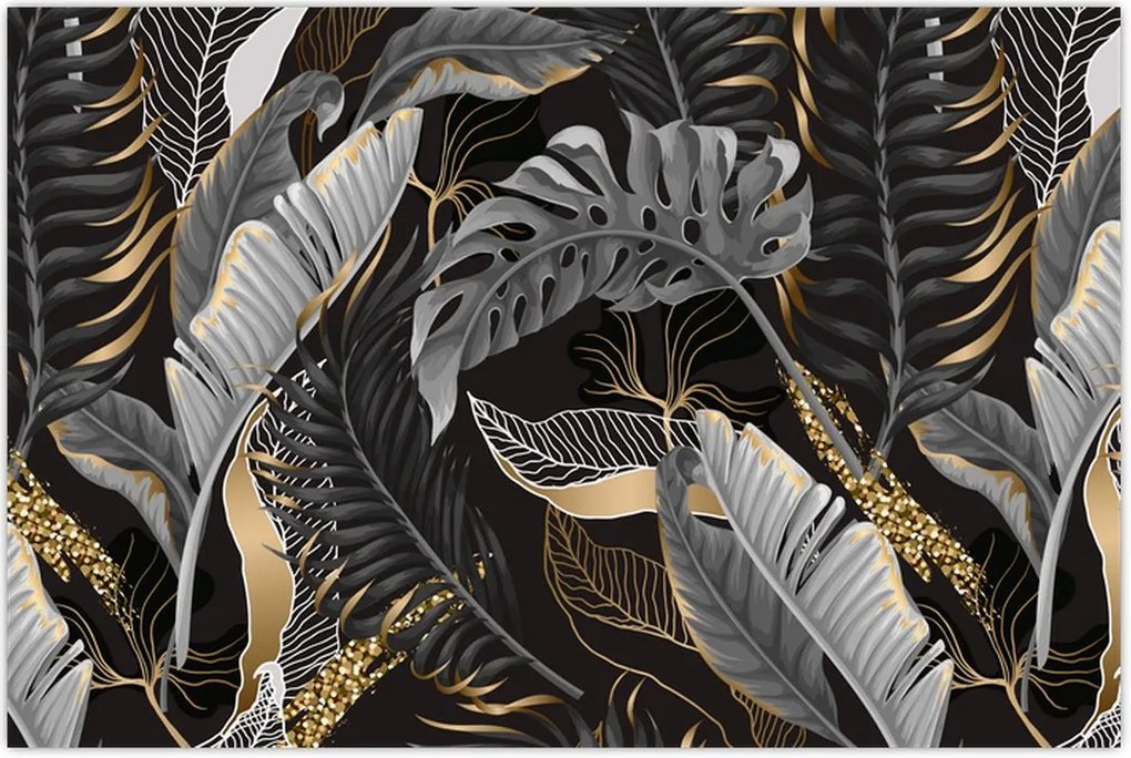 Tablou - Frunze tropicale, Galben - auriu (90x60 cm)