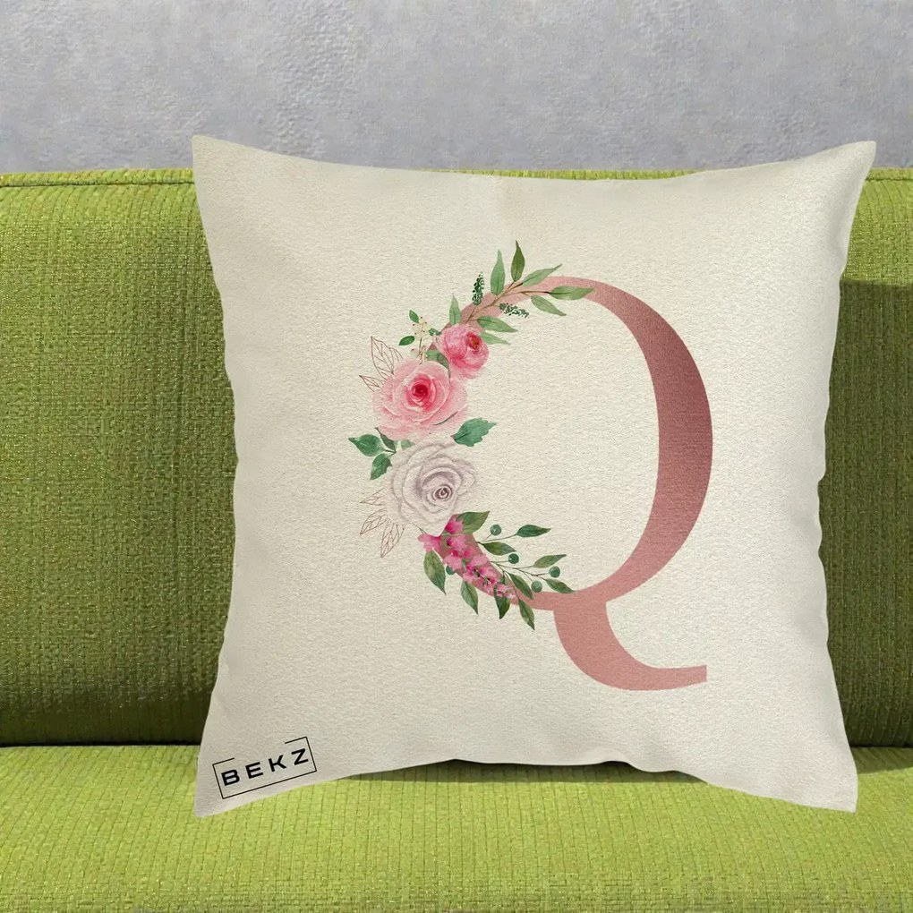 Cadou Personalizat - Perna Personalizata Monograma Rose Gold Litera Q, 40x40 cm, Ecru, Husa Detasabila, Perna Inclusa, BEKZ®