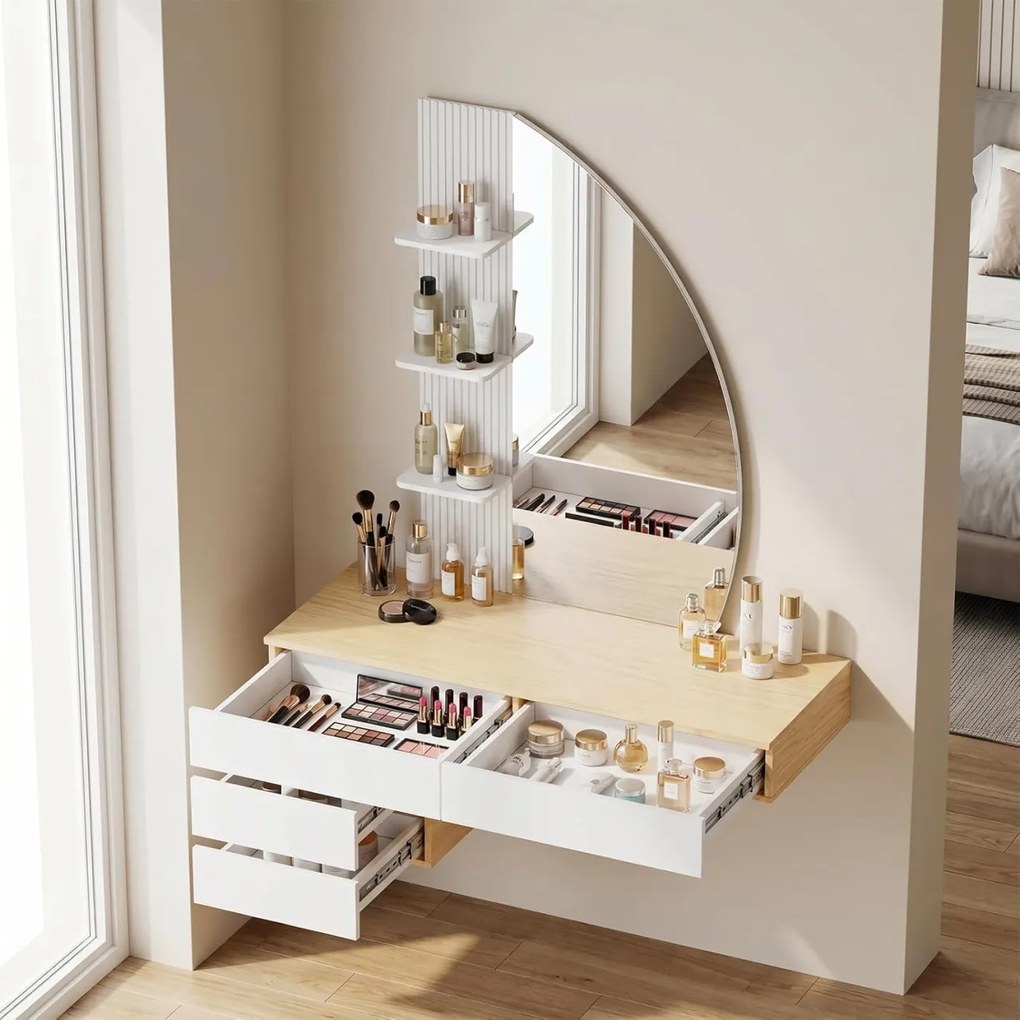 Masuta machiaj cu Oglinda LED si 4 Sertare pentru Cosmetice, Set Masa toaleta 106 cm, Alb - Maro, masuta cosmetica, vanity cu Riflaj si Rafturi -