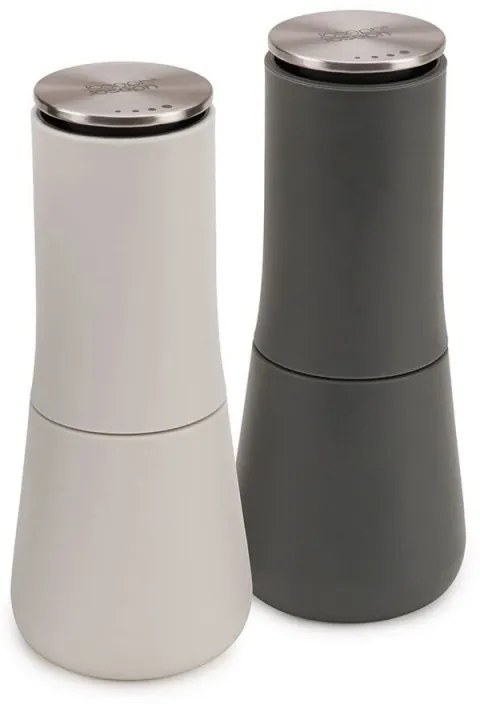 Set 2 rasnite sare si piper Joseph Joseph 95036, 2 piese, Utilizare mecanica, Mecanism ceramic, Reglare grad, Fara BPA, Alb/Gri