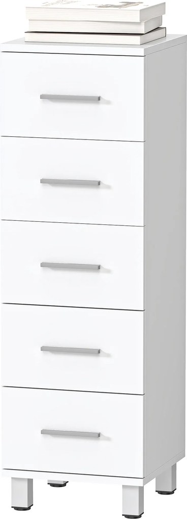 HOMCOM Comodă Slim cu 5 Sertare, Comodă Modernă pentru Baie, Dormitor sau Bucătărie, 30x30x95 cm, Alb | Aosom Romania