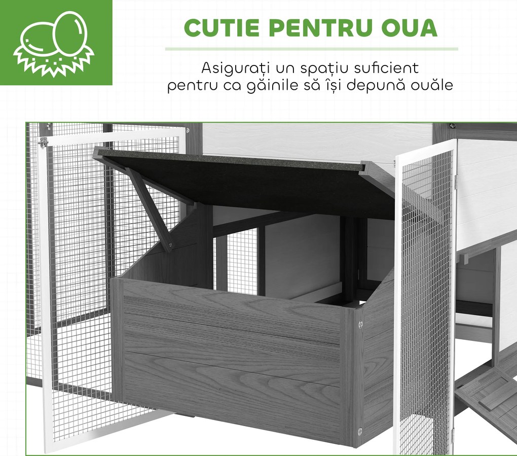 PawHut Coteț din Lemn pentru Găini Ouașe de Exterior cu 2 Recinții Laterale, Cuibar, Acoperiș Impermeabil, Tavă Glisantă, Zonă de Odihnă, Uși și Rampă, pentru 2-4 Găini, 247x118x113.5cm, Gri | Aosom Romania