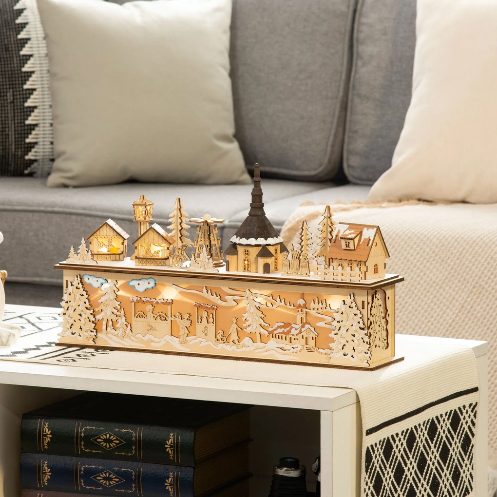 HOMCOM Decorațiune de Crăciun, sat de Crăciun, 10 LED-uri, lumină alb-cald, 45 x 10 x 25 cm, decor din lemn | Aosom Romania