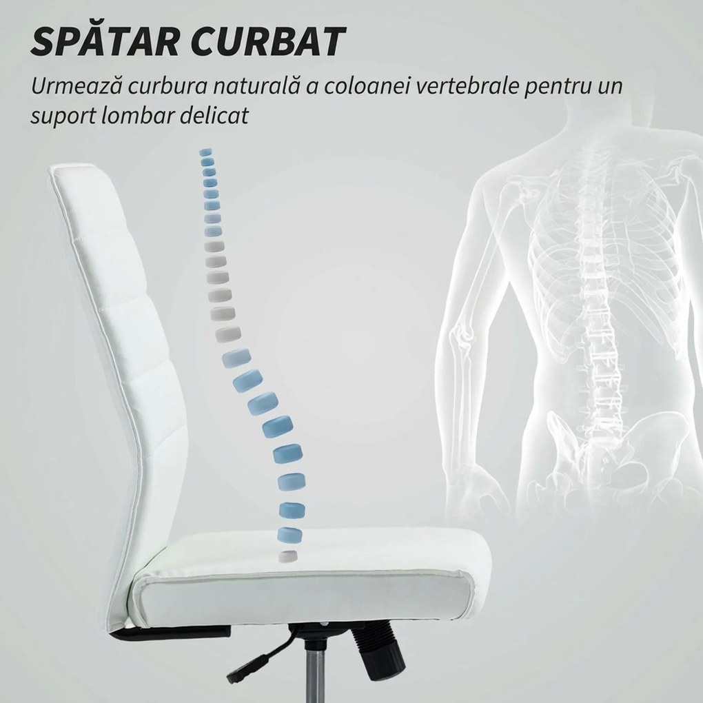 HOMCOM Scaun de Birou Ergonomic și Reglabil cu Spătar Curbat, din Piele PU și Oțel, 58x53x97-107 cm, Alb | Aosom Romania