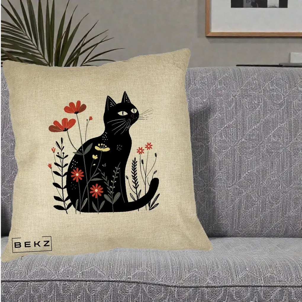 Perna Decorativa Pisica Neagra Flori Rosii Folk, 40x40 cm, Crem, Husa Detasabila, Perna Inclusa, BEKZ®