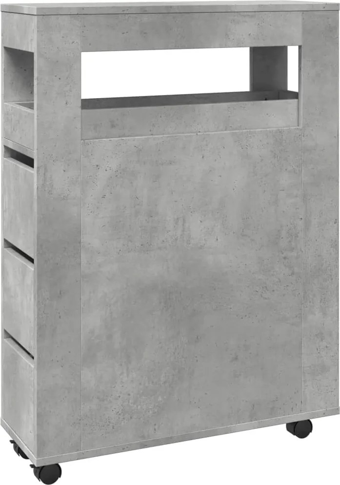 vidaXL Dulap de baie îngust cu roți, gri beton, lemn prelucrat