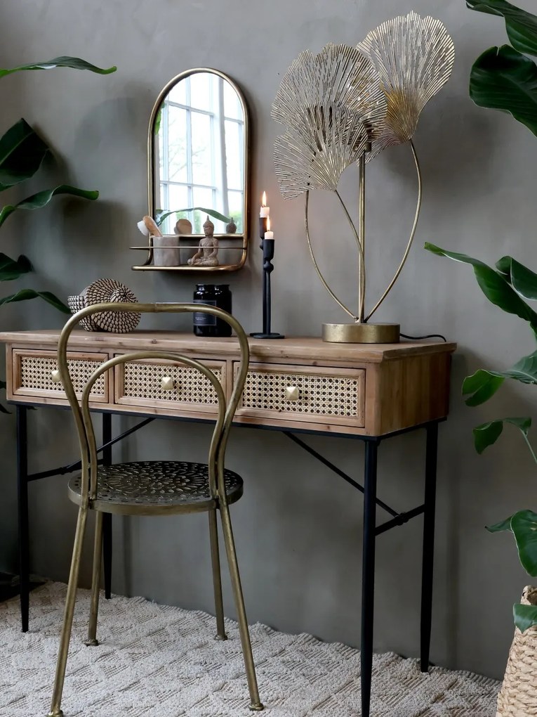 Scaun dining din metal, auriu, cu spătar dublu arcuit și șezut rotund traforat, finisaj alamă antichizată, Î 92 cm, Ø 41 cm, „Arles”