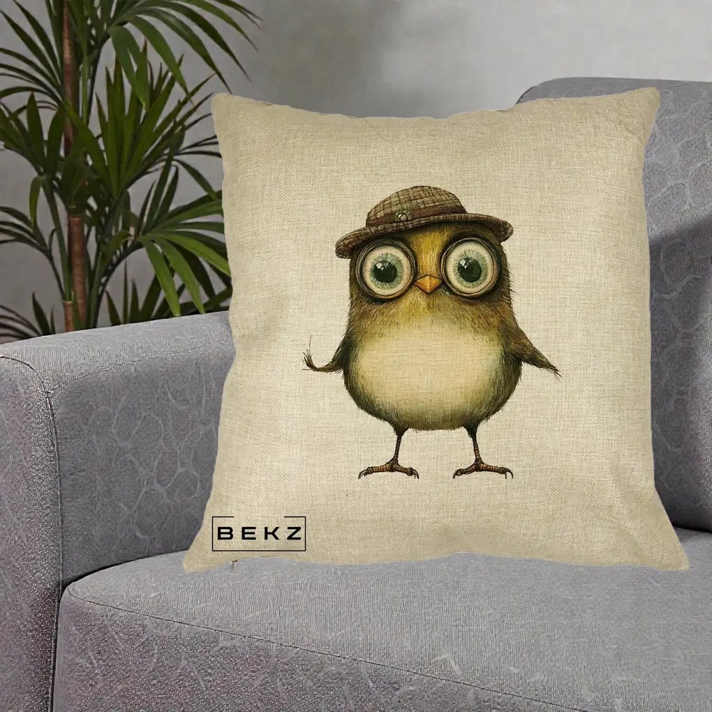 Perna Decorativa Pui Intelectual cu Palarie Tweed, 40x40 cm, Crem, Husa Detasabila, Perna Inclusa, BEKZ®