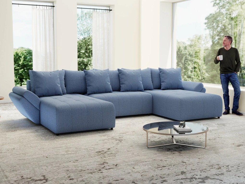 Colțar extensibil dumonde cu ladă de depozitare si sezut confortabil din spuma high-density, Berlin U Enjoy Blue 380x180 cm
