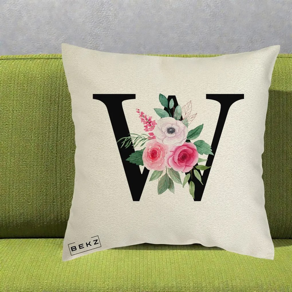 Cadou Personalizat - Perna Personalizata Monograma Florala Litera W cu Trandafiri si Anemona, 40x40 cm, Ecru, Husa Detasabila, Perna Inclusa, BEKZ®