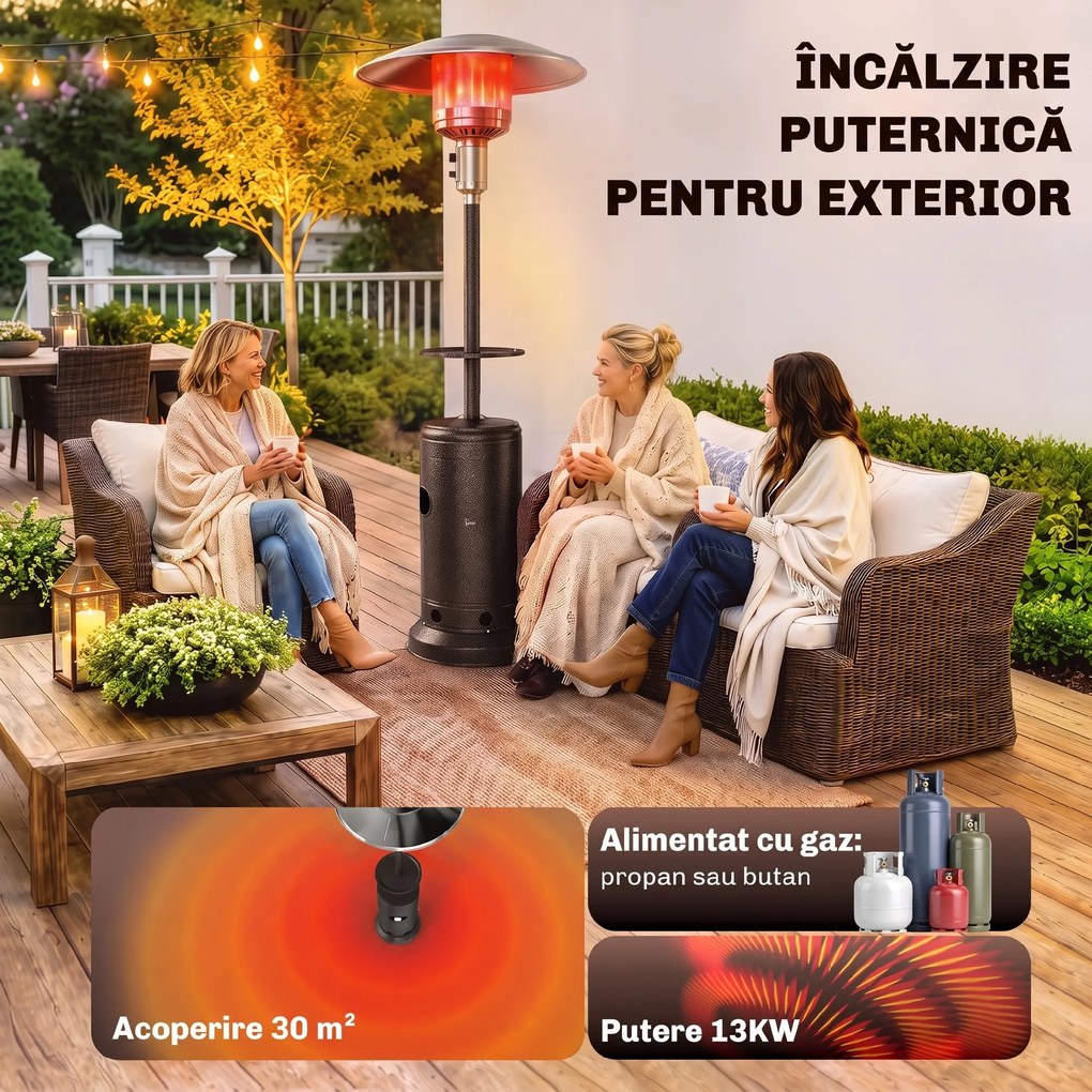 Outsunny Încălzitor de terasă cu gaz 13 kW, cu roți și măsuță, maro | Aosom Romania
