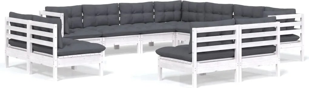 vidaXL Set mobilier grădină cu perne, 11 piese, alb, lemn masiv pin