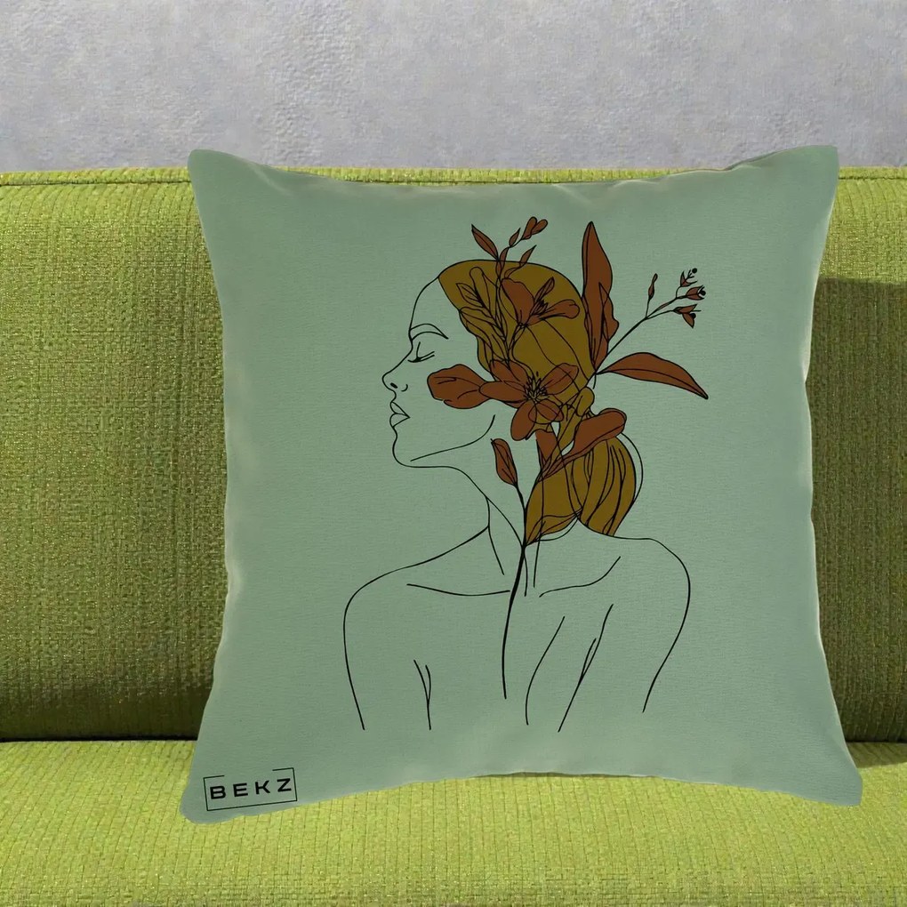 Perna Decorativa Portret Feminin Crin Ruginiu Auriu, 40x40 cm, Verde, Husa Detasabila, Perna Inclusa, BEKZ®