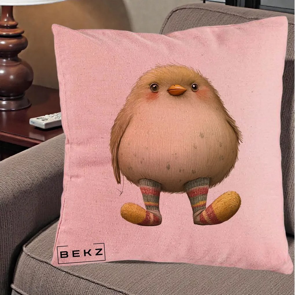 Perna Decorativa Pui Pufos cu Sosete Dungate, 40x40 cm, Roz, Husa Detasabila, Perna Inclusa, BEKZ®