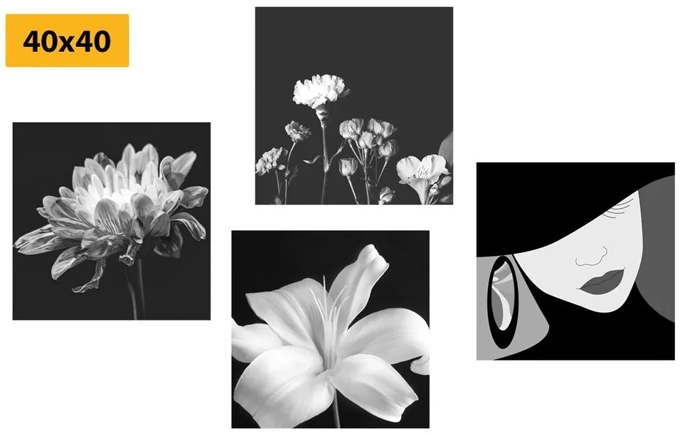 Set tablouri eleganța femeii și a florilor în design alb-negru