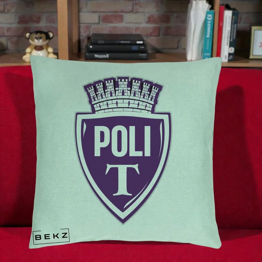 Perna Personalizata Poli Timisoara Fotbal, 40x40 cm, Verde Menta, Husa Detasabila, Perna Inclusa, BEKZ®
