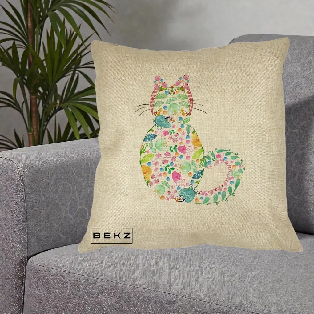 Perna Decorativa Pisica Florala Acuarela, 40x40 cm, Crem, Husa Detasabila, Perna Inclusa, BEKZ®