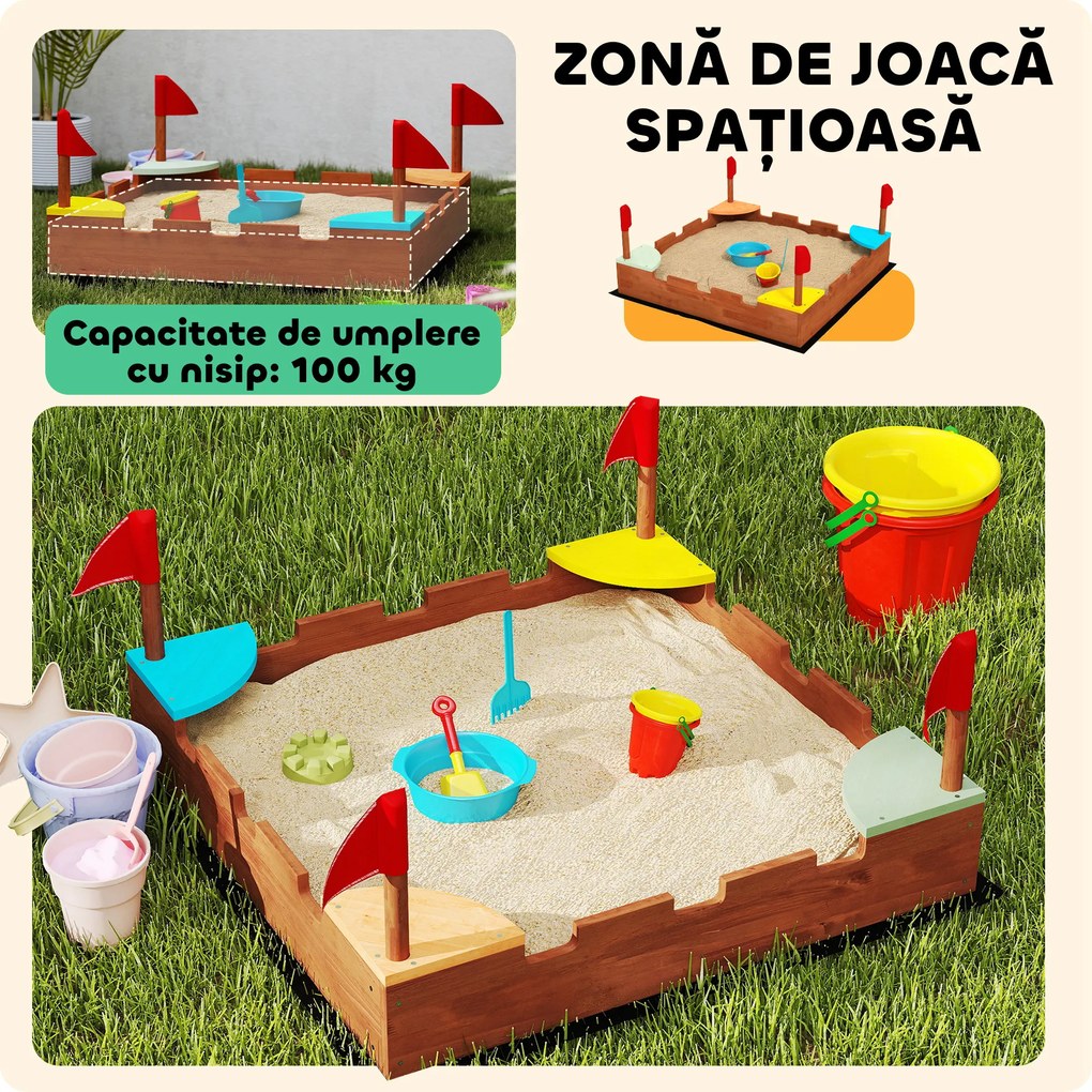 AIYAPLAY Lădiță Nisip Castel Copii Scaune 90x90x17 Maro | Aosom Romania