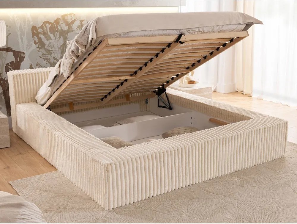Pat matrimonial bej tapițat cu spațiu de depozitare cu somieră 180x200 cm Cloe – Ropez