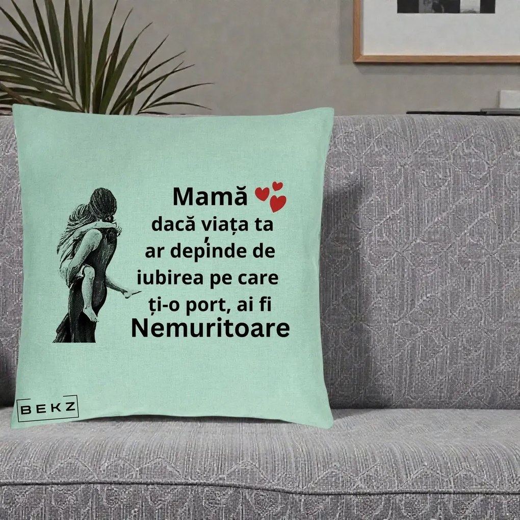 Perna personalizata mama: Mama Nemuritoare Gravura Vintage, 40x40 cm cu Umplutura, Verde Menta, BEKZ
