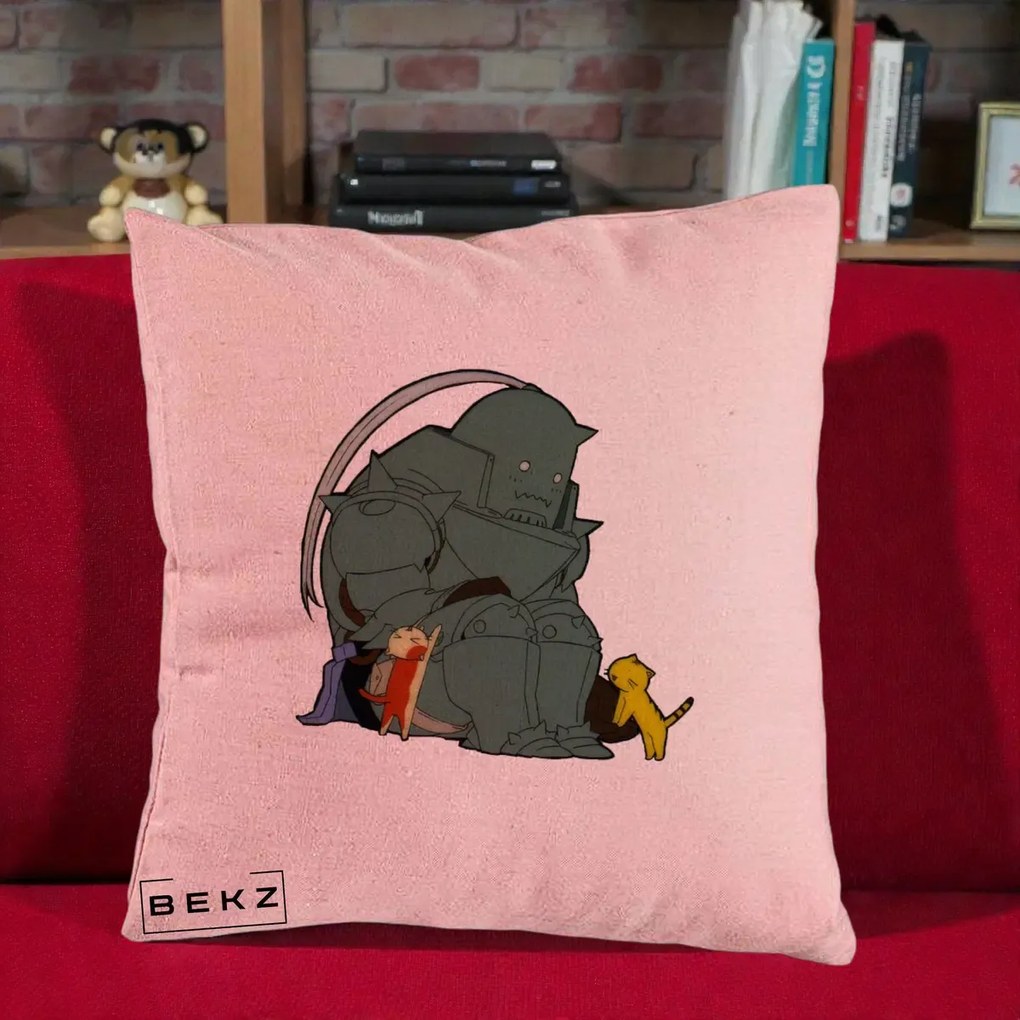Perna Personalizata Fullmetal Alchemist Alphonse cu Pisici, 40x40 cm, Roz, Husa Detasabila, Perna Inclusa, BEKZ®