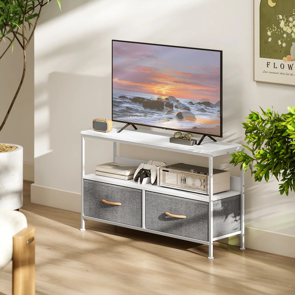 HOMCOM Mobilier TV pentru 47" cu Sertare Pliabile din Material Textil și Raft din Metal și MDF, 98x29x56 cm, Negru | Aosom Romania