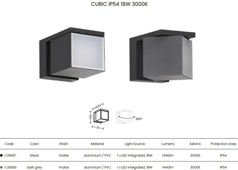Aplica LED iluminat exterior modern IP54 CUBIC 18W 3000K gri