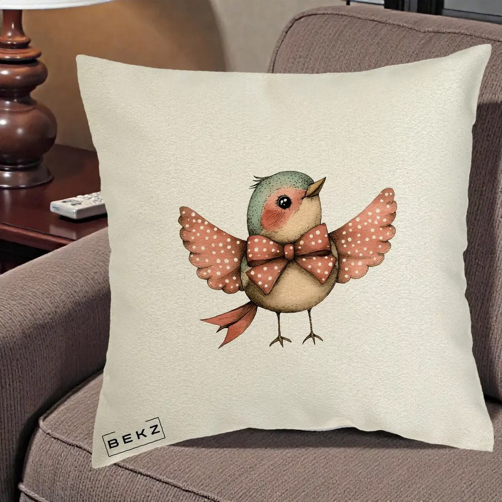 Perna Decorativa Pasare Roz cu Aripi si Fundita, 40x40 cm, Ecru, Husa Detasabila, Perna Inclusa, BEKZ®
