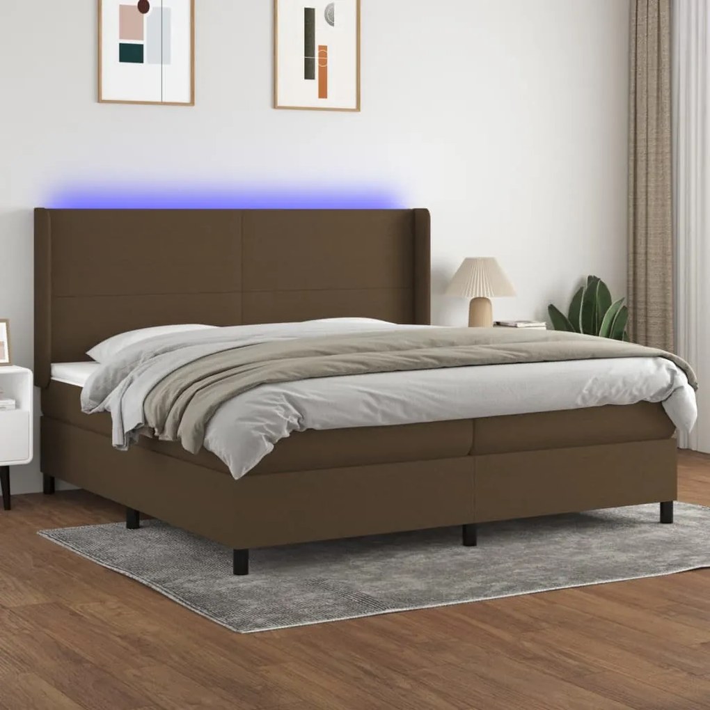 vidaXL Pat cu arcuri, saltea și LED, maro închis, 200x200 cm, textil