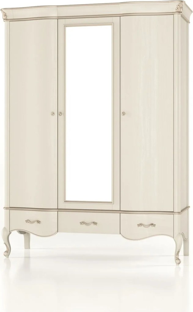 Dulap lemn masiv Celisea 3 Uși cu Oglindă, 160 × 53 × 220 cm - Ivoire