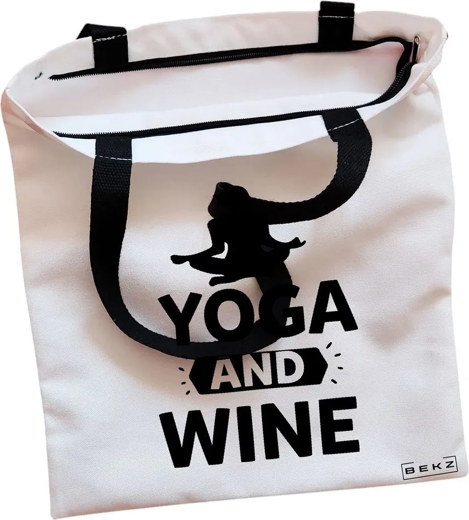 Sacosa de Panza pentru Cumparaturi, Geanta Tote, Yoga and Wine, Cu fermoar, 38x34.5 cm, Alba, BEKZ®
