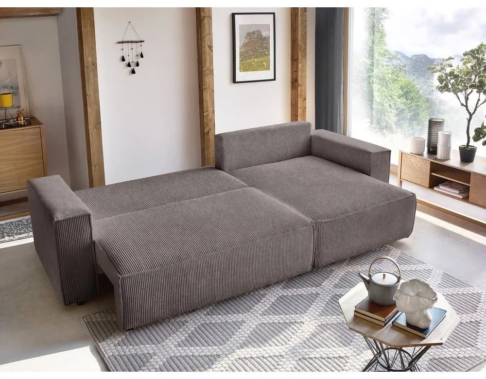 Colțar taupe extensibil/cu spațiu de depozitare cu tapițerie din catifea reiată Nihad – Bobochic Paris