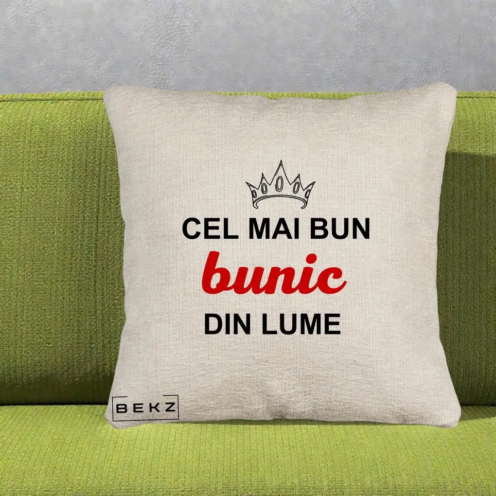 Cadou pentru Bunic - Perna Personalizata Cel Mai Bun Bunic Din Lume Coroana Rosu, 40x40 cm, Bej Canapea, Husa Detasabila, Perna Inclusa, BEKZ®
