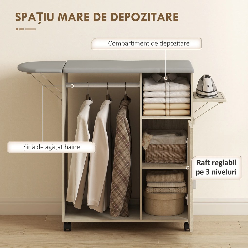 HOMCOM Dulap Masa Calcat – 3 Rafturi, Blat Burete &amp; Ghidaj Rufe | Aosom Romania