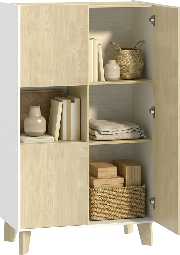 HOMCOM Bufet pentru living, mobilier de depozitare cu 6 compartimente și uși cu închidere amortizată, 80x40x135cm, alb și lemn natural | Aosom Romania