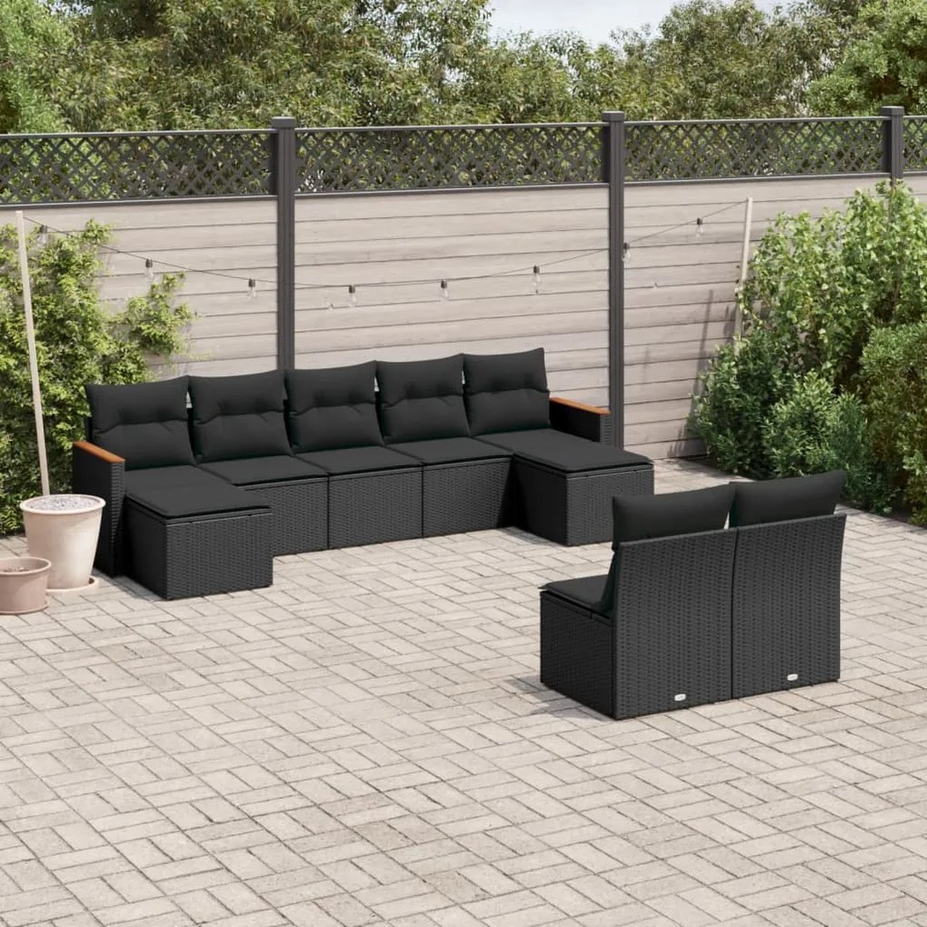 vidaXL Set mobilier de grădină cu perne, 9 piese, negru, poliratan
