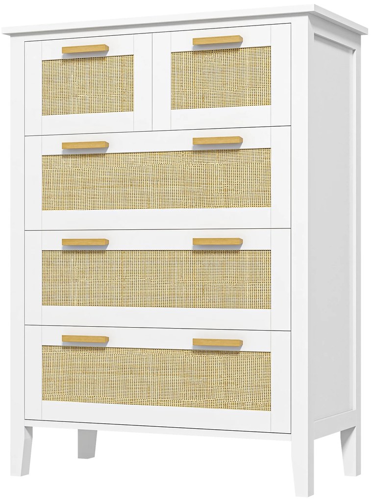 HOMCOM Comodă 5 sertare mânere de lemn masiv șine de metal pentru birou salon dormitor 77 x 37 x 104 cm alb | Aosom Romania