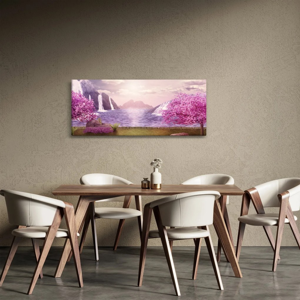 Tablou cu pomi roz cu lac (120x50 cm)