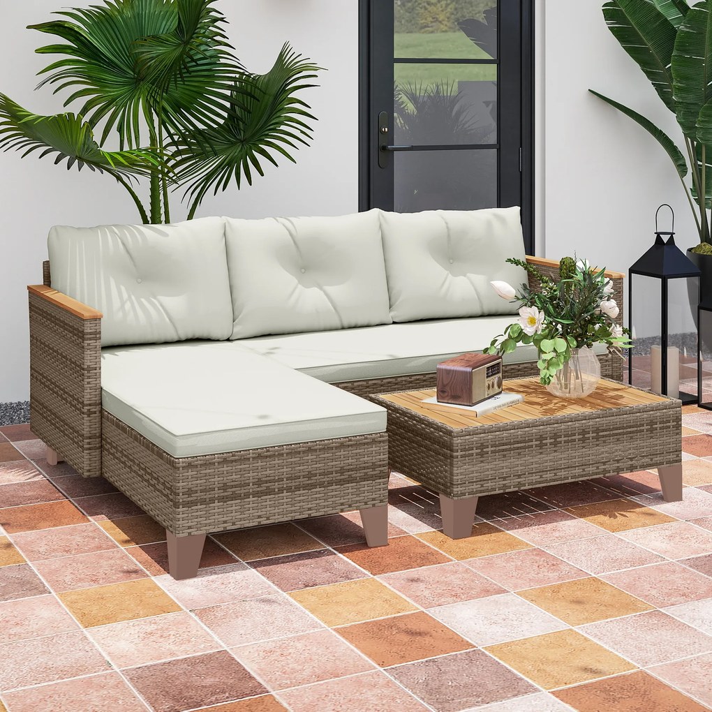 Outsunny Set de Mobilier de Grădină din 3 Piese cu Canapea, Șezlong și Măsuță de Cafea, 128x66x66 cm, Kaki | Aosom Romania