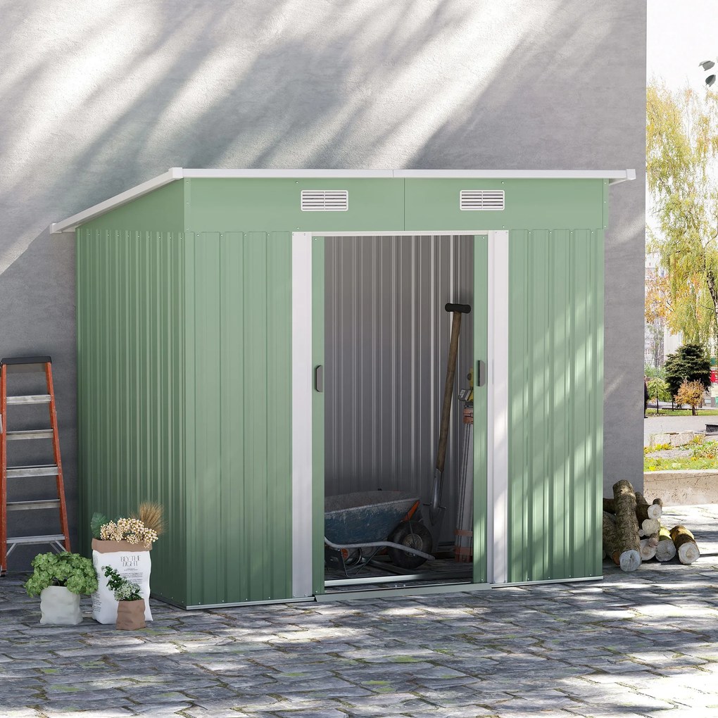 Outsunny Magazie de unelte din metal 2,3 m² 207 x 130 x 182 cm - Magazin pentru unelte cu acoperiș în pantă, fereastră, cadru de sol, verde | Aosom Romania