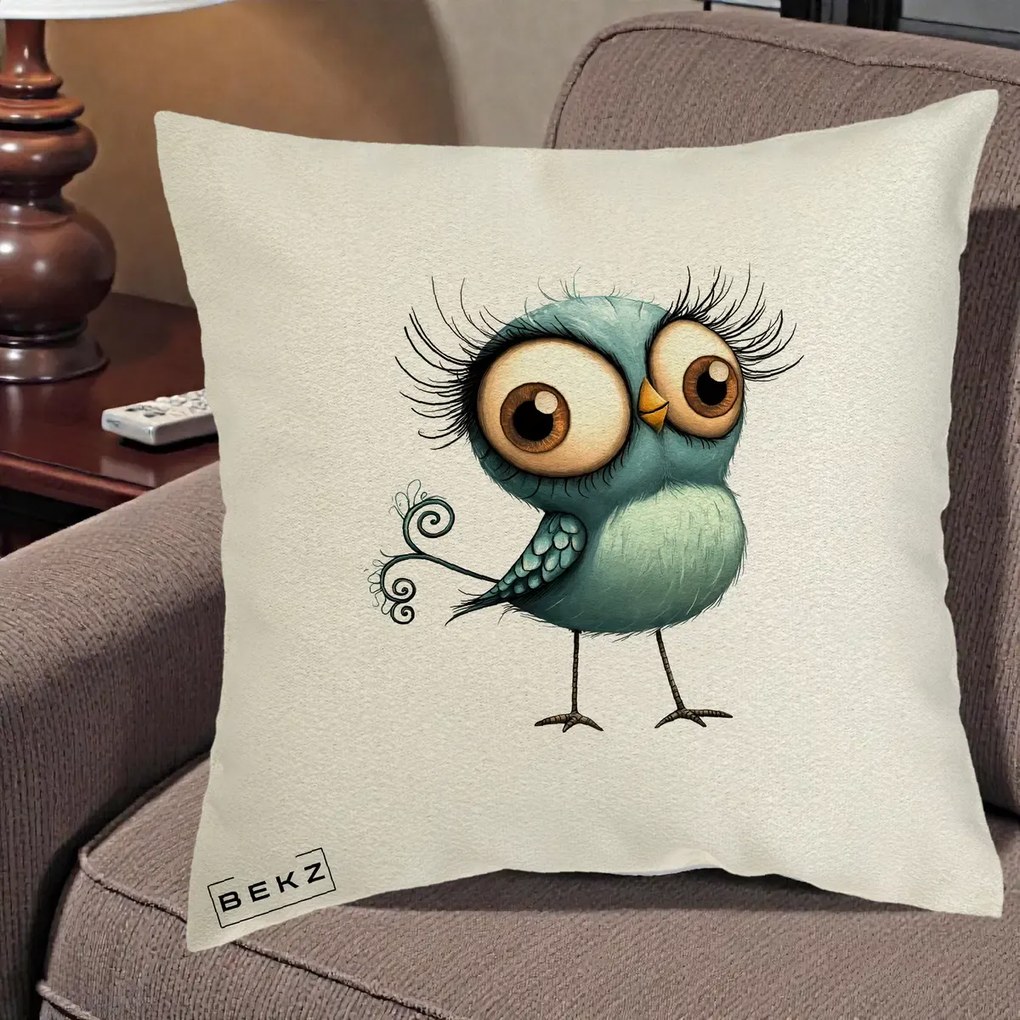 Perna Decorativa Pasare Teal cu Gene si Coada Spiralata, 40x40 cm, Ecru, Husa Detasabila, Perna Inclusa, BEKZ®