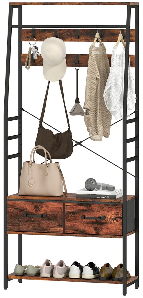 HOMCOM Mobilier de intrare 6 în 1 cuier bară pentru haine raft 2 sertare 10 cârlige 80 x 30 x 180 cm maro rustic | Aosom Romania