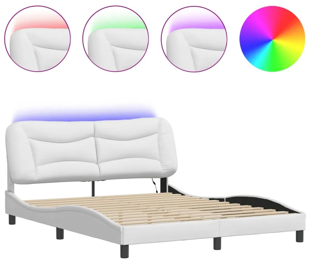 3213942 vidaXL Cadru de pat cu lumini LED, alb, 160x200 cm, piele ecologică