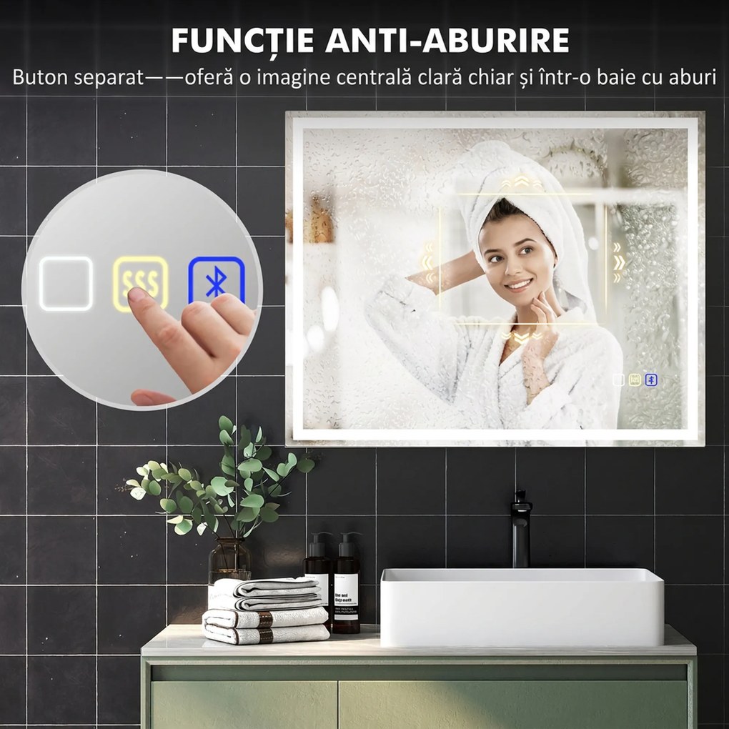 HOMCOM Oglindă Baie Bluetooth LED Antiabur Tactil | Aosom Romania