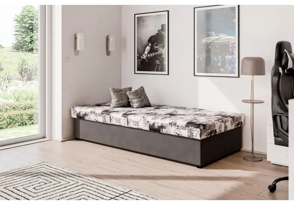 Pat NOE 90x200 cm cu saltea cu arcuri și spațiu de depozitare, gri/negru