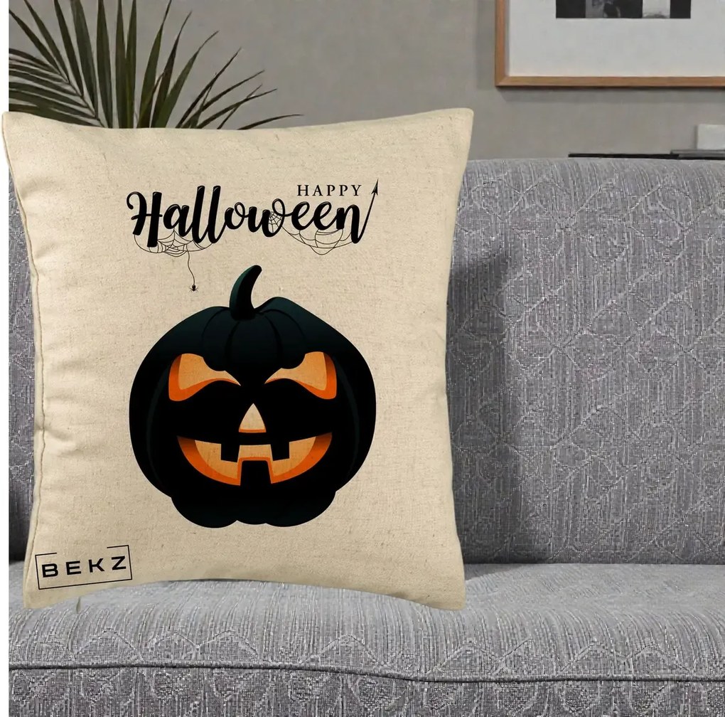 Perna Decorativa Happy Halloween Dovleac Negru cu Paianjen, 40x40 cm, Bej, Husa Detasabila, Perna Inclusa, BEKZ®