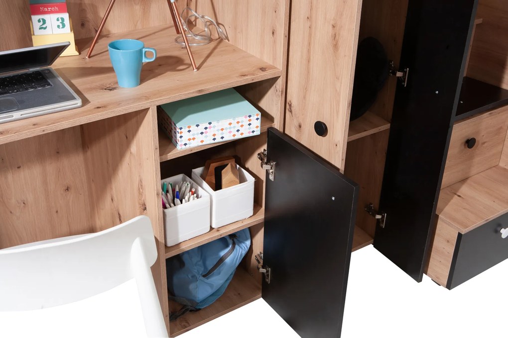 Pat pentru copii combinat 90 cm Sami 14 (Stejar artisan + alb mat + mânere negre). 1085821