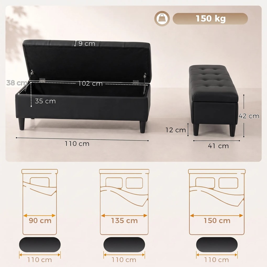 HOMCOM Bancă cu depozitare 136 L, taburet cu ladă 110x41x42 cm, piele ecologică pet-friendly, negru | Aosom Romania